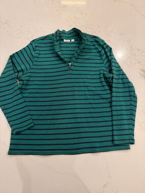 L.L.Bean Women’s 2X Green Navy Striped Mock Neck Top 100% Cotton Long Sleeve